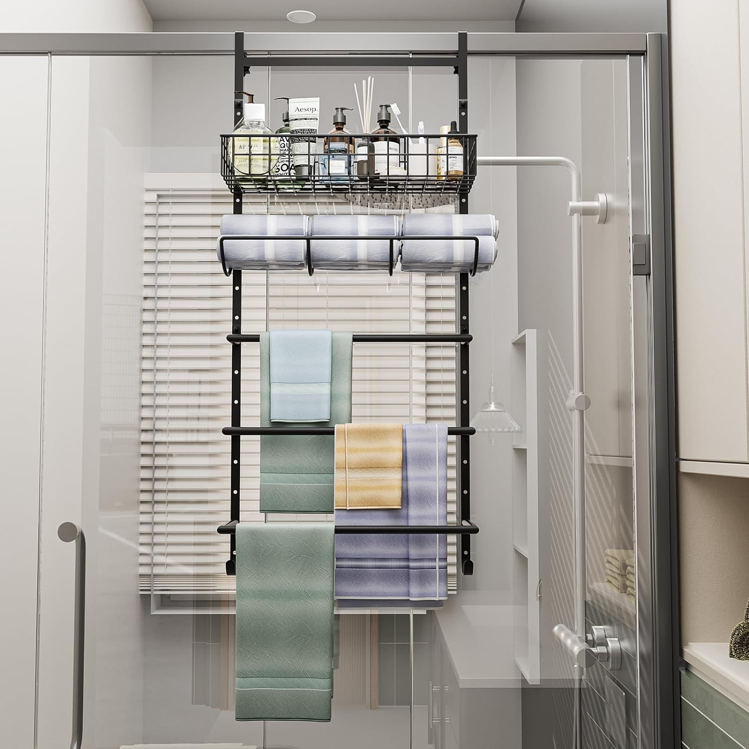x-Cosrack Over The Door Towel Rack Adjustable Towel Holder with Hook, 5-Tier Bathroom Towel Holder Wall Mounted, Black