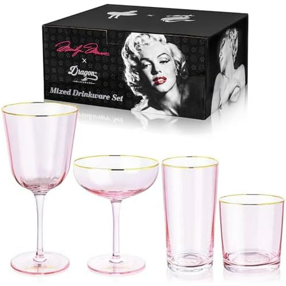 x Marilyn Monroe Pink Drinkware Set of 4 - Includes Wine, Martini, Whiskey & Drinking Glasses - Marilyn Monroe Gifts for Women - Pink Glassware Set
