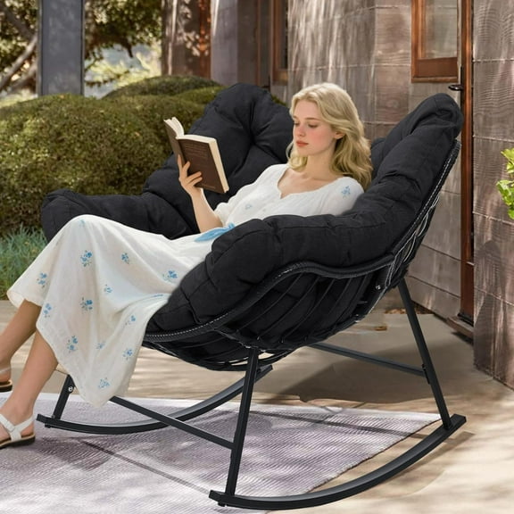 x Oversized Outdoor Rocking Chair, Wicker Egg Chair Rocker for Outside, Comfy Patio Rocker, Large Indoor Rocking Recliner, Modern Egg Style, Black