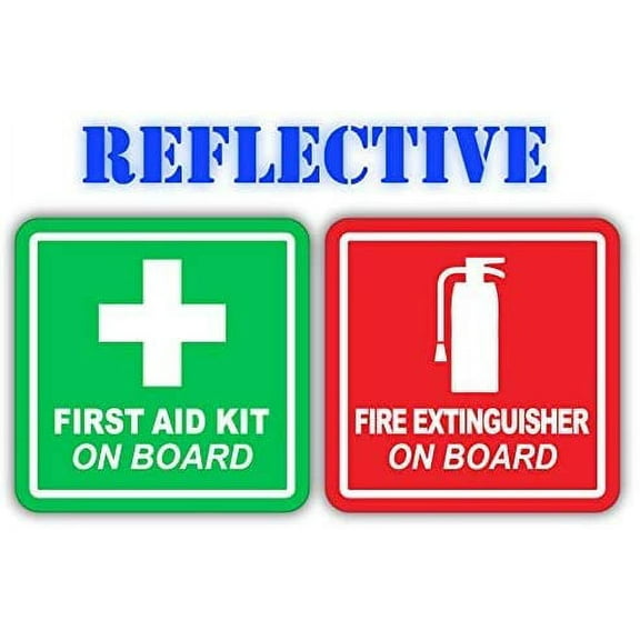 (x1 of Each) 3M Reflective Fire Extinguisher/First Aid Kit on Board Vinyl Decals/Stickers/Labels Pair (7" x 7" (2 Stickers Included))