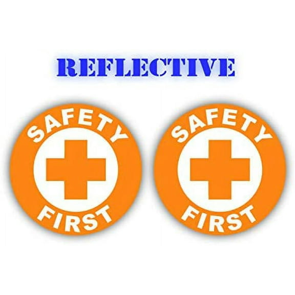 (x2) REFLECTIVE - Safety First Hard Hat Stickers (Pair) | OSHA Helmet Decals | Toolbox First Aid Labels | Glow Bright Union Laborer Welder Fall Protection Confined Space Trained (Orange)