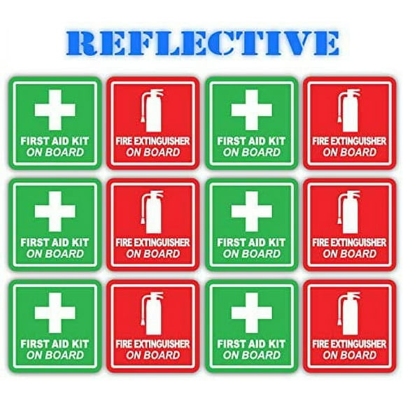 (x6 of Each) 3M Reflective Red Fire Extinguisher and Green First Aid Kit On Board Industrial Safety Training Decals (2 inch x 2 inch)