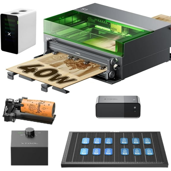 xTool S1 40W Laser Cutter and Engraver Machine, with Auto Conveyor Feeder, 118'' Long Crafts, 600mm/s Speed, Laser Engraver for Tumblers Wood and Metal, Acrylic, Deluxe Bundle+ AP2 Smoke Purifier