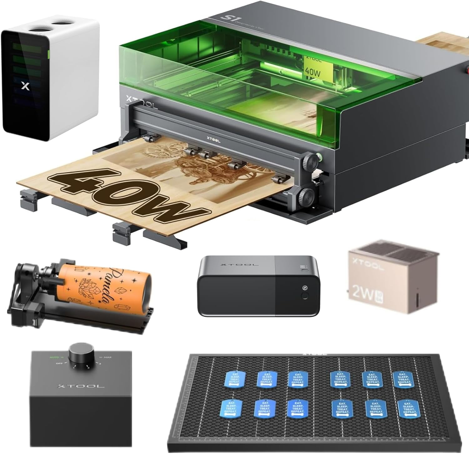 xTool S1 40W Laser Cutter and Engraver Machine, with Auto Conveyor Feeder, 118'' Long Crafts, 600mm/s Speed, Laser Engraver forWood and Metal, Acrylic, Deluxe Bundle +AP2 Smoke Purifier +1064nm IR