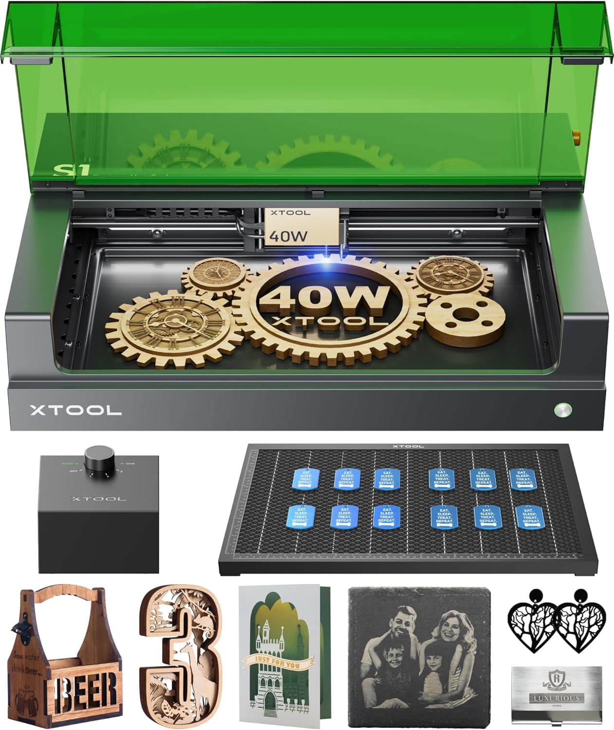xTool S1 40W Laser Engraver, 600mm/s Speed Laser Engravering Machine, 23.93" x 15.16" Bed Size, Class 1 Laser Cutter and Engraver Machine for Wood and Metal, Acrylic, etc, Basic Bundle