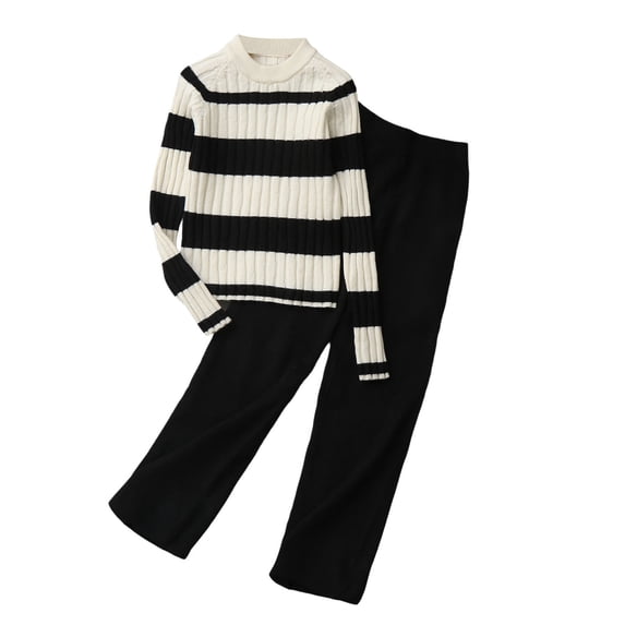 xaoyunyn 2 Piece Fall Winter Outfits for Girl Crewneck Color Block Pullover Sweater Casual Soft Wide Leg Pant Set