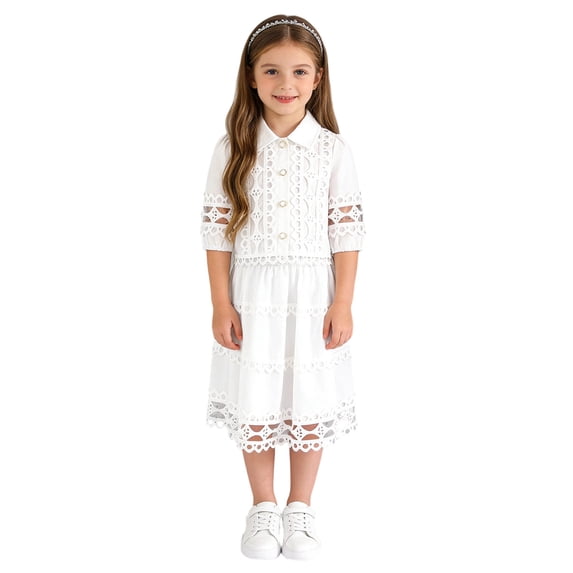 xaoyunyn 2 Piece Hollow Out Outfit for Girls Summer Short Sleeve Button down Lapel Top Mid Long Dress Set