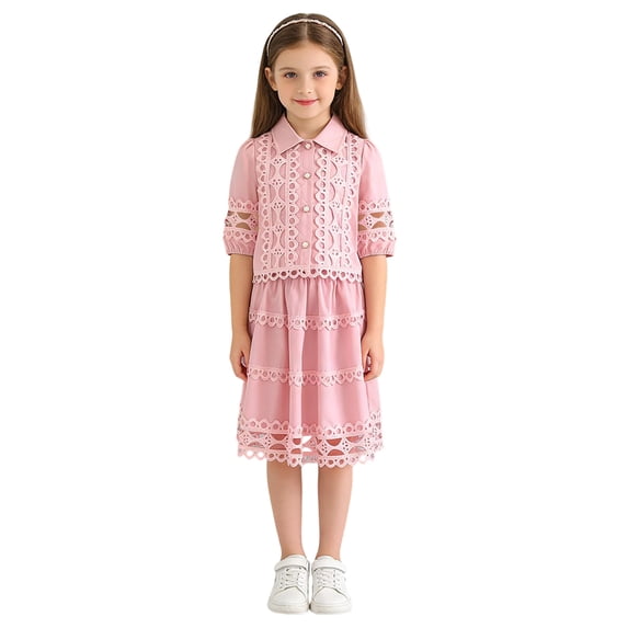 xaoyunyn 2 Piece Hollow Out Outfit for Girls Summer Short Sleeve Button down Lapel Top Mid Long Dress Set
