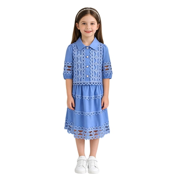 xaoyunyn 2 Piece Hollow Out Outfit for Girls Summer Short Sleeve Button down Lapel Top Mid Long Dress Set