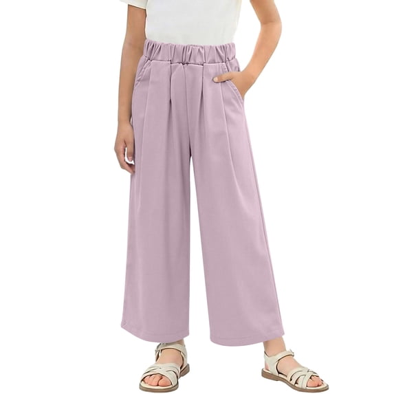 xaoyunyn Ankle Wide Leg Pant for Girls Loose Solid Color Elastic Waisted Casual Pant with Pockets