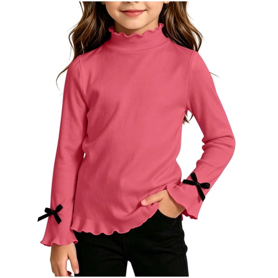 xaoyunyn Basic T-Shirts for Girl Casual Slim Solid Color Ruffle Trim Tops Thin Long Sleeve with Bow Shirt 1-10 Years