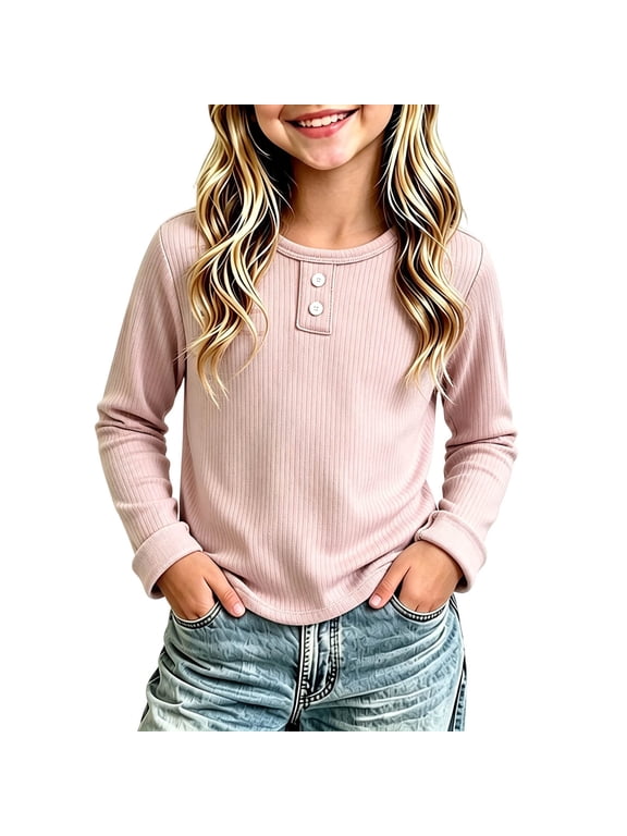 Casual Tops for Girls Spring Fall Lightweight Solid Color Round Neck Ribbed Basic Tee Shirt 0-10 Years