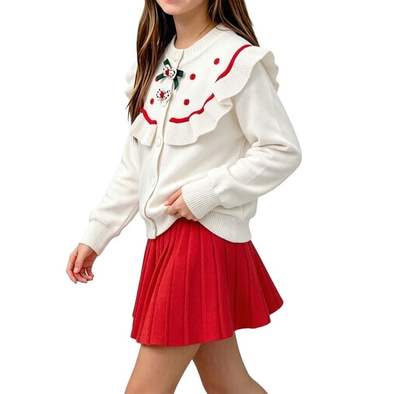 xaoyunyn Fall Winter Outfits for Girls Cute Ruffle Trim Crewneck Snap Long Sleeve Knitted Cardigan Skirt Set 1-8 Years