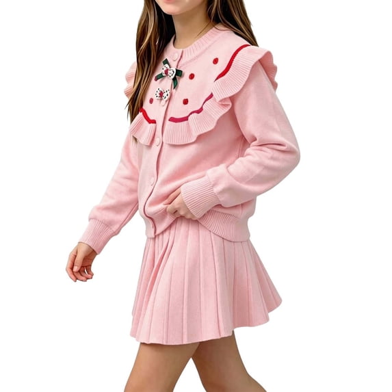xaoyunyn Fall Winter Outfits for Girls Cute Ruffle Trim Crewneck Snap Long Sleeve Knitted Cardigan Skirt Set 1-8 Years