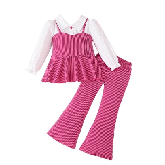 xaoyunyn Flared Pant Set for Girls Fall Long Sleeve Ruffled Hem Lapel Top 2 Piece Fashion Outfits 2-7 Years