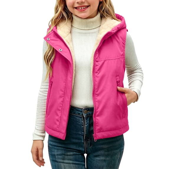 xaoyunyn Fleece Lined Puffer Vest for Girl Winter Thickened Warm Solid Color Sleeveless Hooded Jacket with Pockets 1-12 Years