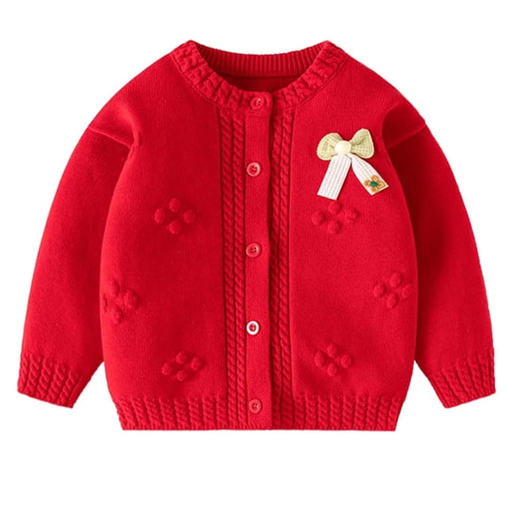 xaoyunyn Girl Thickened Sweater Cardigan Fall Winter Crew Neck Button Down Bow Embroidery Long Sleeve Outerwear