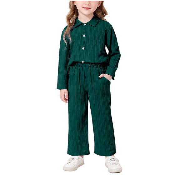 xaoyunyn Girl's 2 Piece Lightweight Outfit Casual Lapel Button Down Solid Color Shirt Wide Leg Pant Sets 2-8 Years