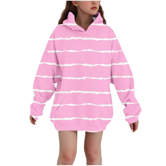 xaoyunyn Girl's Long Hoodies Fall Winter Oversized Stripe Print Sweatshirt Casual Loose Pullover with Pockets 3-14 Years