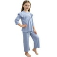thumbnail image 1 of xaoyunyn Girl's Solid Color Homewear Outfits Cute Ruffle Long Sleeve Tops Casual Loose Wide Leg Pants Set 1-10 Years, 1 of 6