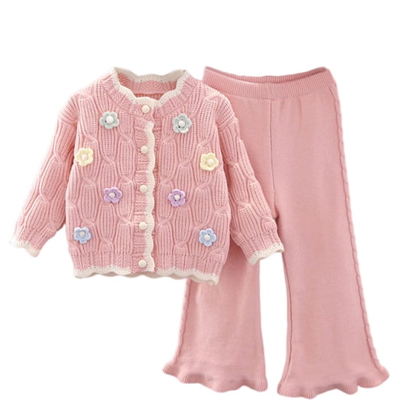 xaoyunyn Girls 2 Piece Knitted Outfits Loose Crewneck Button Down Floral Cardigan Sweater Ruffled Flared Pants 1-8 Years