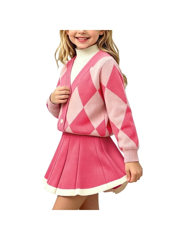 Girls 2 Piece Outfits Casual Trendy Argyle Snap Knitted Cardigan Pleated Skirt Sets 1-8 Years