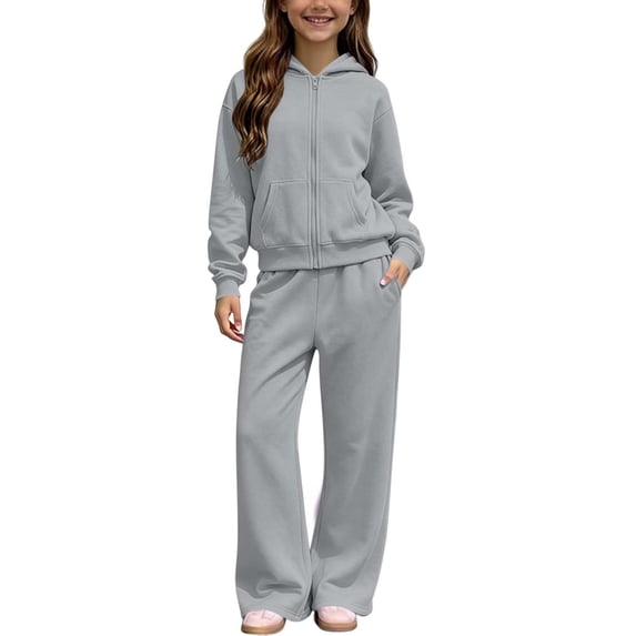 xaoyunyn Girls 2 Piece Outfits Fall Winter Slim Zip Up Hoodies Wide Leg Sweatpant Sets with Pockets 5-14 Years