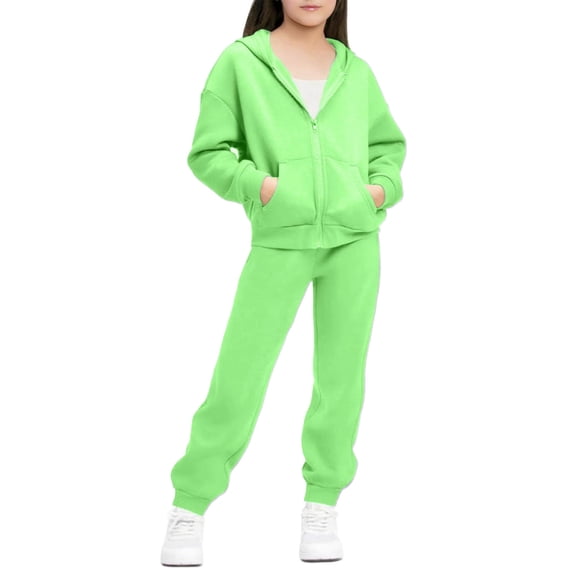 xaoyunyn Girls 2 Piece Outfits Tracksuits Casual Comfy Zip Up Sweatshirt with Hood Long Jogger Pants Set 5-13 Years