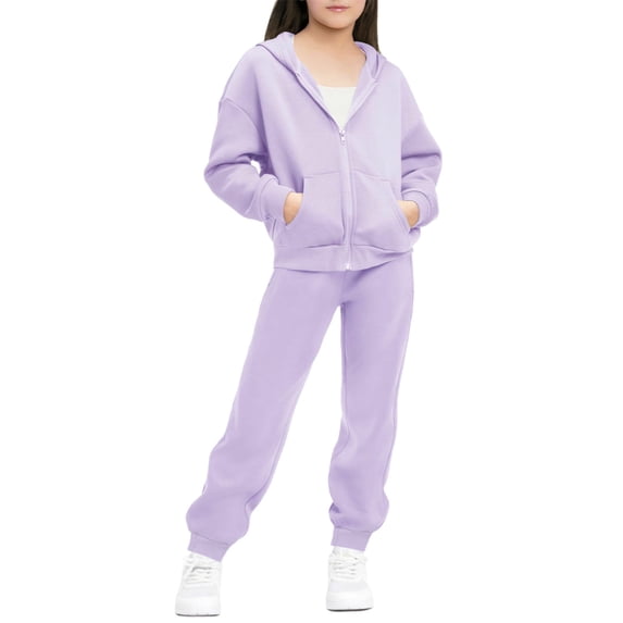 xaoyunyn Girls 2 Piece Outfits Tracksuits Casual Comfy Zip Up Sweatshirt with Hood Long Jogger Pants Set 5-13 Years