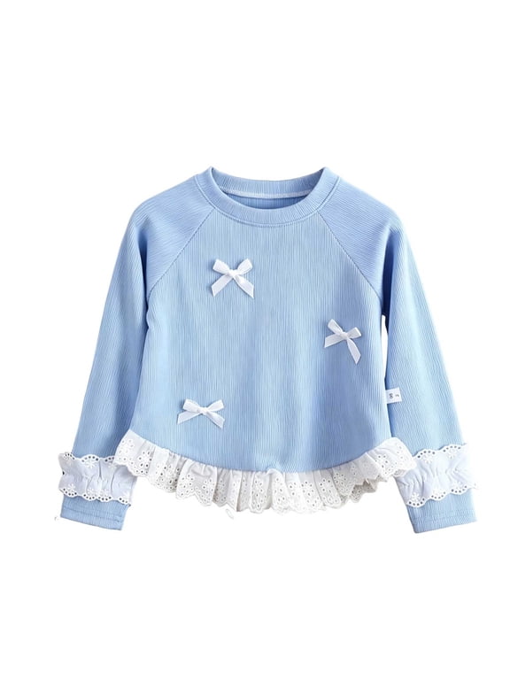 Girls Fashion Cute Tops Casual Bowknot Lace Hem Trim Long Sleeve Crewneck Patchwork Pullover Shirts 0-11 Years