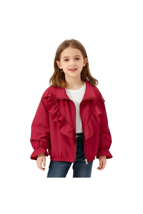 Girls Ruffle Trim Coat Solid Color Cute Puff Sleeve Jacket Warm Autumn Winter Zipper Outerwear 2-9 Years