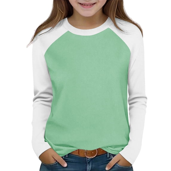 xaoyunyn Girls Slim Shirts Spring Fall Round Neck Long Sleeve Tops Casual Fashion Patchwork Blouses 2-15 Years