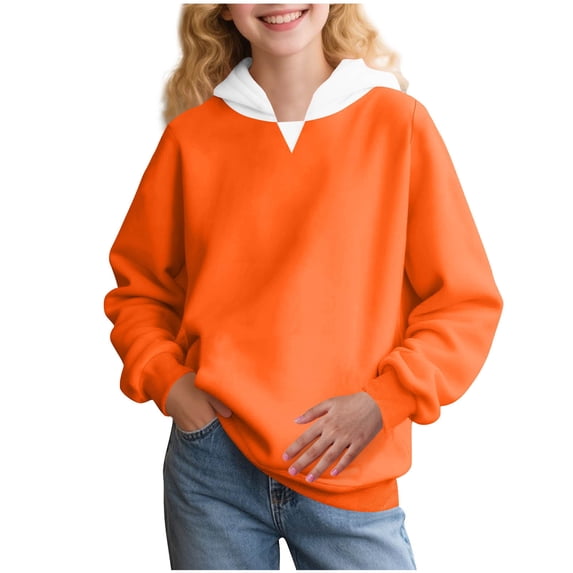 xaoyunyn Pullover for Girls Casual Loose Long Sleeve Spring Fall Color Block Hooded Sweatshirts 2-15 Years