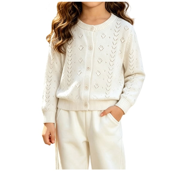 xaoyunyn Toddler Girls Hollow Out Cardigan Comfy Long Sleeve Round Neck Button Down Knitted Outerwear 6M-4 Years