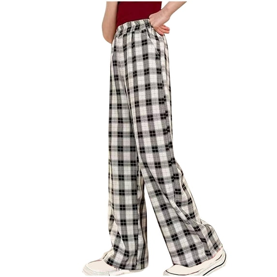 xaoyunyn Wide Leg Plaid Pant for Girls Loose Lightweight High Waisted Casual Pants with Pockets 5-16 Years