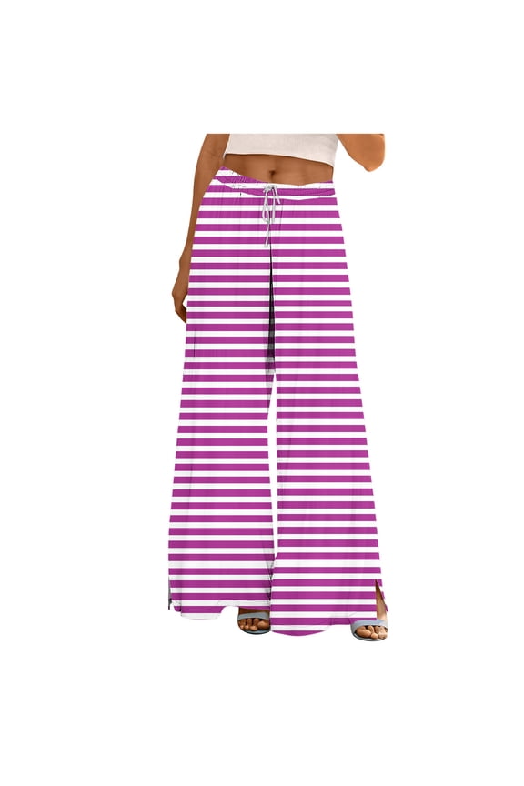 Woman Striped Palazzo Pants Split Elastic Waist Drawstring Wide Leg Pants Business Dressy Casual Pants