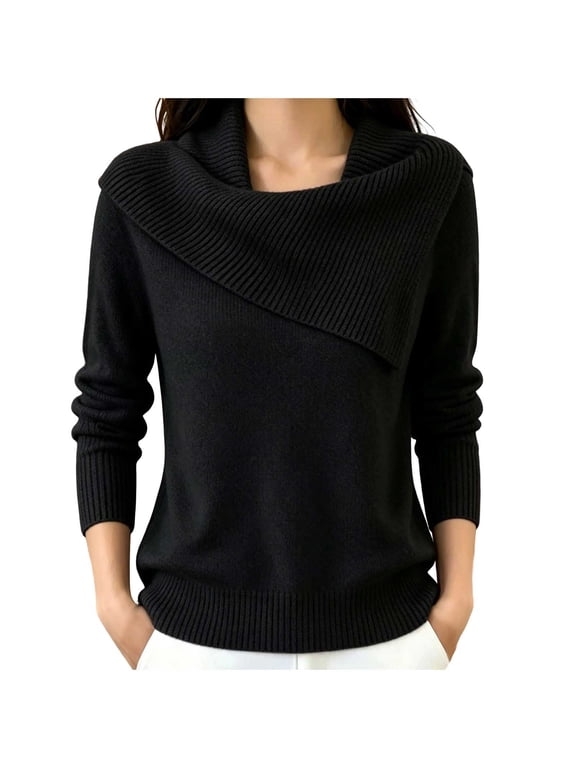 Women Cowl Neck Wrap Knit Tops Casual Fashion Comfy Solid Color Long Sleeve Pullover Sweaters