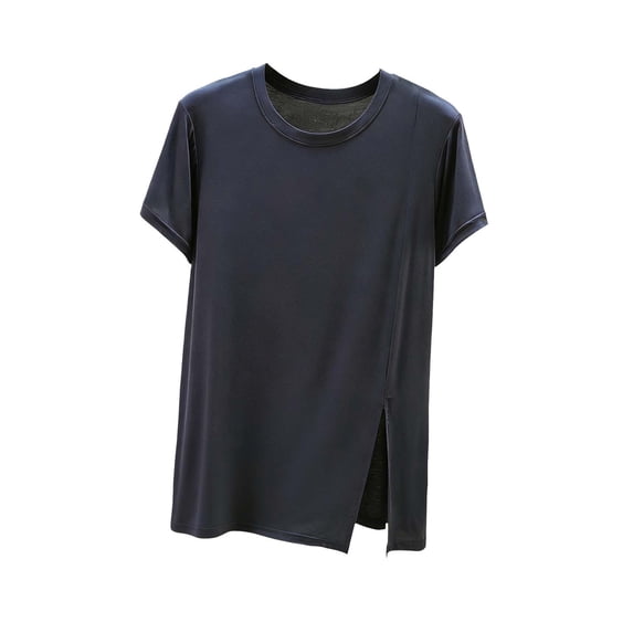 xaoyunyn Women's Basic Tops Short Sleeve Round Neck T-Shirts with Pocket Summer Casual Loose Solid Color Tees