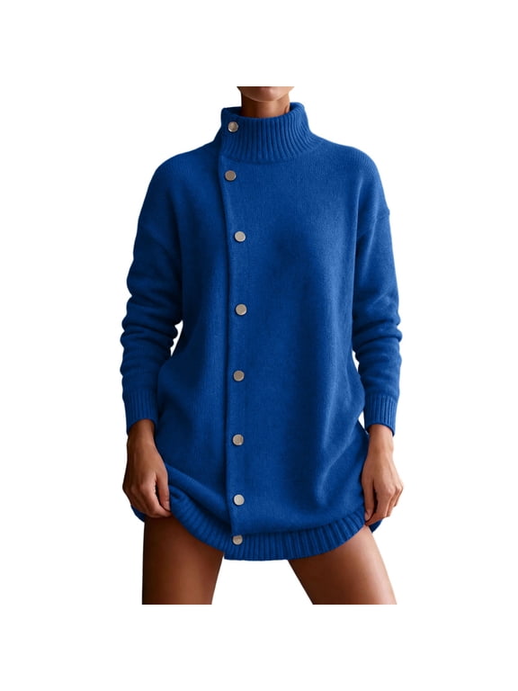 Women's Turtleneck Cardigan Fall Winter Casual Fashion Long Sleeve Snap Knitted Tunic Sweaters