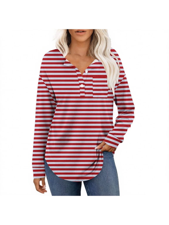 Womens Striped Button Down T-Shirts Spring Fall Casual Lightweight Long Sleeve Tunic Tops with Pocket