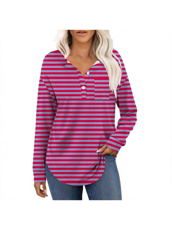Womens Striped Button Down T-Shirts Spring Fall Casual Lightweight Long Sleeve Tunic Tops with Pocket