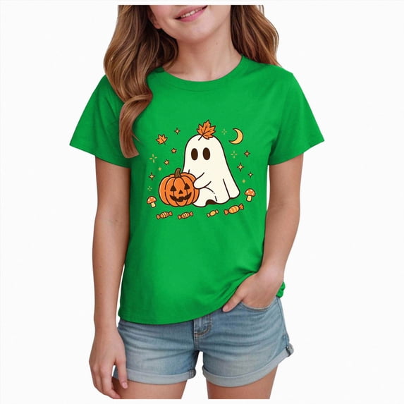 xaweyi Casual Crew Neck Short Sleeve Tee for Girls Cute Cartoon Print Fashion Kids Halloween Tshirt