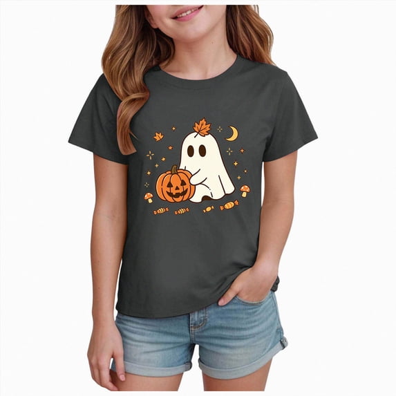 xaweyi Casual Crew Neck Short Sleeve Tee for Girls Cute Cartoon Print Fashion Kids Halloween Tshirt