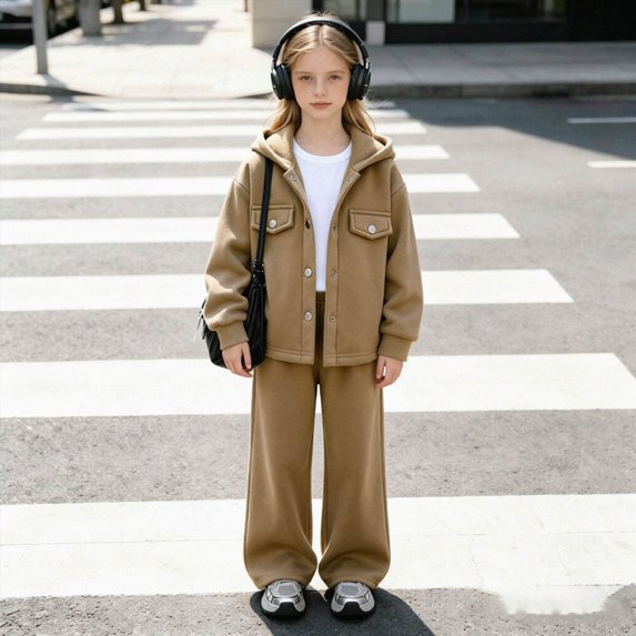 xaweyi Girls 2 Piece Outfit Hooded Button Down Jacket Wide Leg Pants Casual Fall Winter Tracksuit Set for Kids Size 3-4 Years