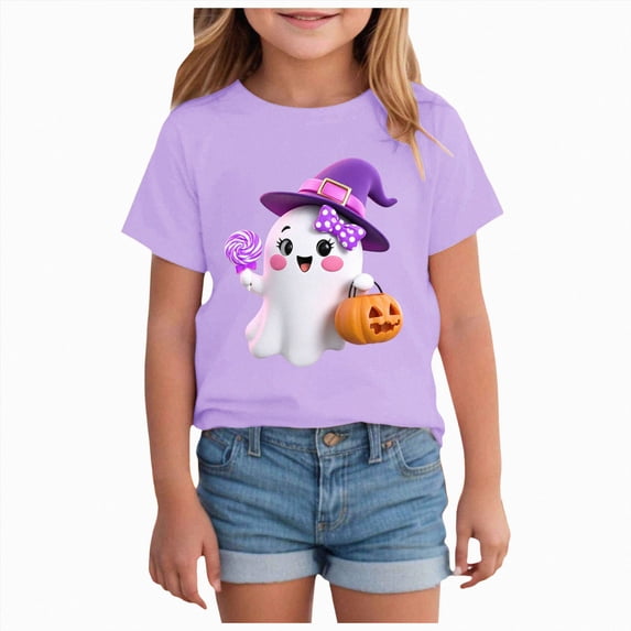 xaweyi Girls Crew Neck Short Sleeve T Shirt Halloween Ghost Pumpkin Cute Cartoon Graphic Kids Casual Tee