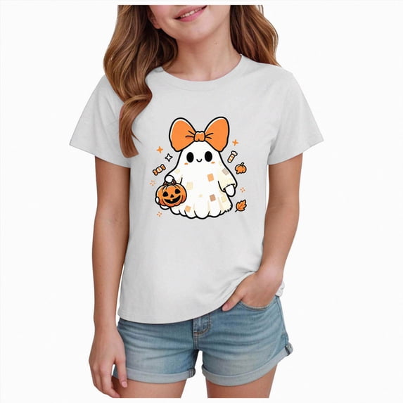 xaweyi Girls Crew Neck Short Sleeve Tee Halloween Bow Ghost Holding Pumpkin Graphic Youth Holiday T-Shirt