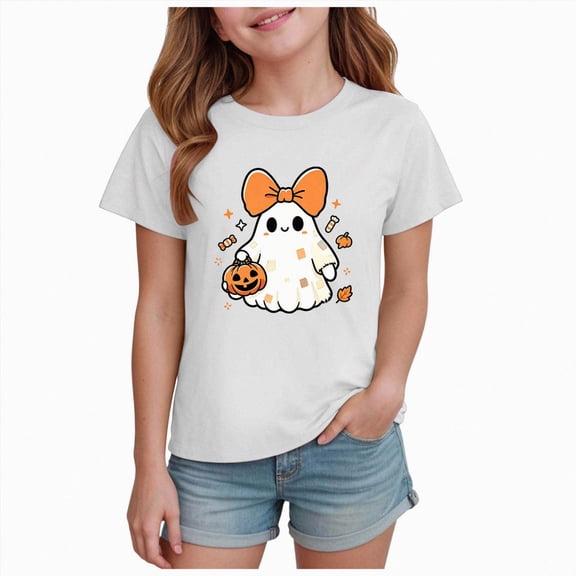 xaweyi Girls Crew Neck Short Sleeve Tee Halloween Bow Ghost Holding Pumpkin Graphic Youth Holiday T-Shirt