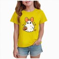 thumbnail image 1 of xaweyi Girls Crew Neck Short Sleeve Tee Halloween Bow Ghost Holding Pumpkin Graphic Youth Holiday T-Shirt, 1 of 7