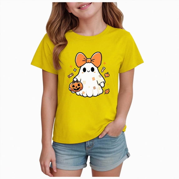 xaweyi Girls Crew Neck Short Sleeve Tee Halloween Bow Ghost Holding Pumpkin Graphic Youth Holiday T-Shirt