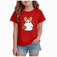 thumbnail image 1 of xaweyi Girls Crew Neck Short Sleeve Tee Halloween Bow Ghost Holding Pumpkin Graphic Youth Holiday T-Shirt, 1 of 7